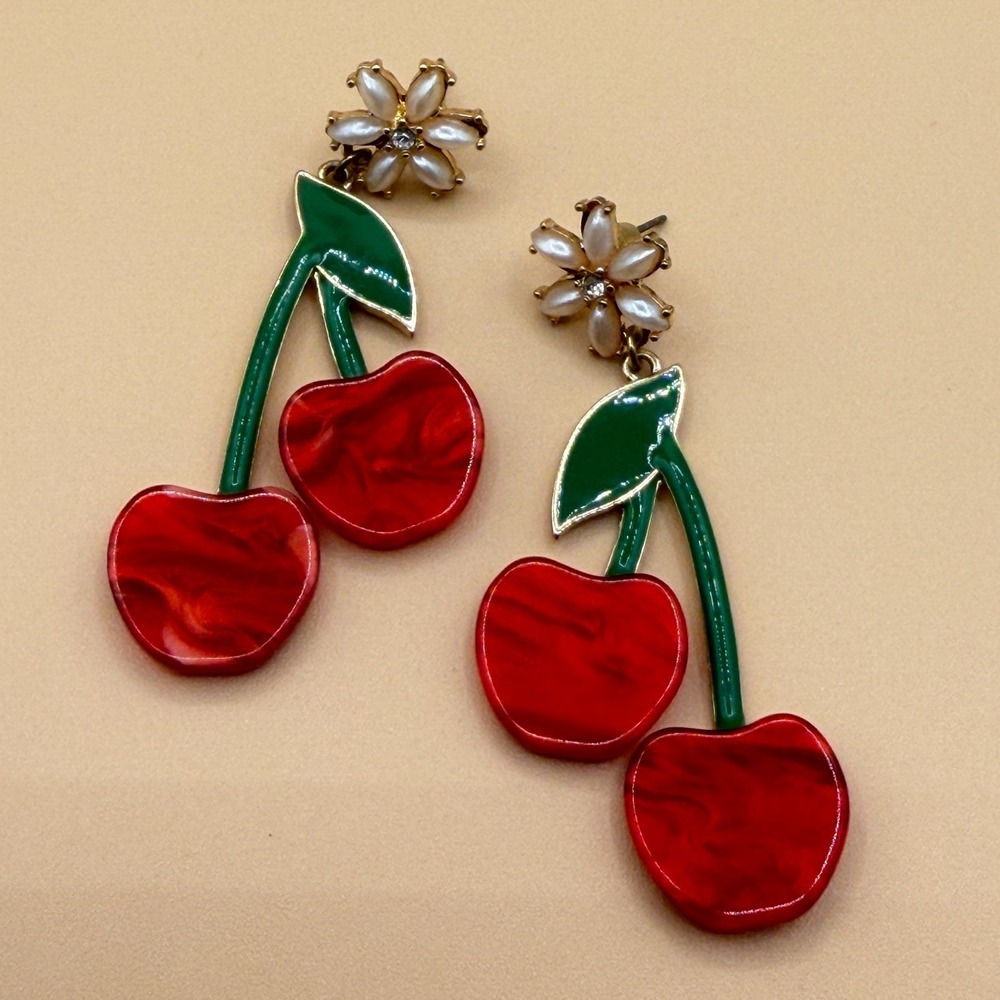 Red Cherry Dangle Earrings Pearl Flower Green Enamel Coquette Statement Gift